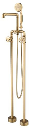 Shower Head Freistehende Badewannen-Mischbatterien mit Dusche, gebürstetes Gold, Doppelloch, heißes und kaltes Messing, Doppelgriff, freistehende Boden-Badewannenarmaturen, gebürstetes Gold Shower