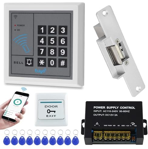 Gaocinys Sistema di controllo dell'accesso RFID completo WiFi Tuya, tastiera, tipo NC, serratura elettrica a percussione, 12 VDC, pulsante di uscita, 10 tasti RFID 125 KHz
