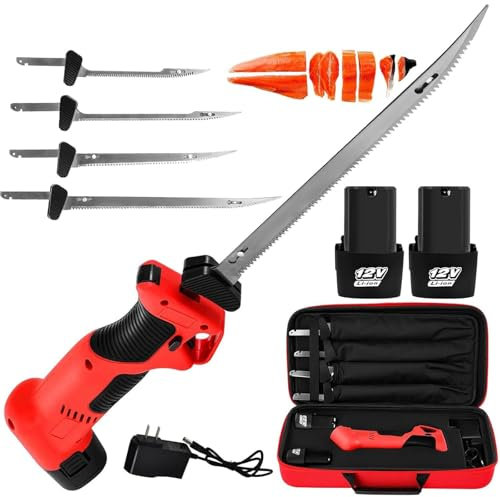 Cuchillo for filete eléctrico inalámbrico, cuchillo for filete de pescado recargable, 4 cuchillas antiadherentes recubiertas de nitruro de ti y 2 baterías, cortador de alimentos for cortar carne, bloq