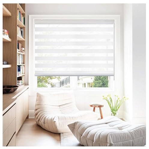 Rehan & Co White Day and Night Zebra Roller Blinds for Windows Light Filtering Dual Layer Fabric Window Blinds Drill/No Drill Easy Fit Blind for Door (174cm W x 165cm L)