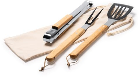 Juego Utensilios de Barbacoa - Kit de 3 Accesorios de parrila de Acero Inoxidable con Mango de Madera: Trinchador, Pinza y espátula con Funda de algodón