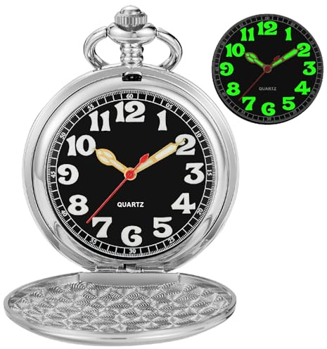 Tiong Silvery Smooth Covered Quartz Men's Pocket Watch,Luminous Arabic Numerals Black Dial Pocket Watch with Chain