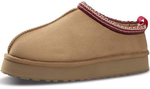 Gohom Platform Slippers for Women, Fashion Cozy Fleece Lined Mini Boots, Anti-Slip Outdoor Shoes Size9 Brown