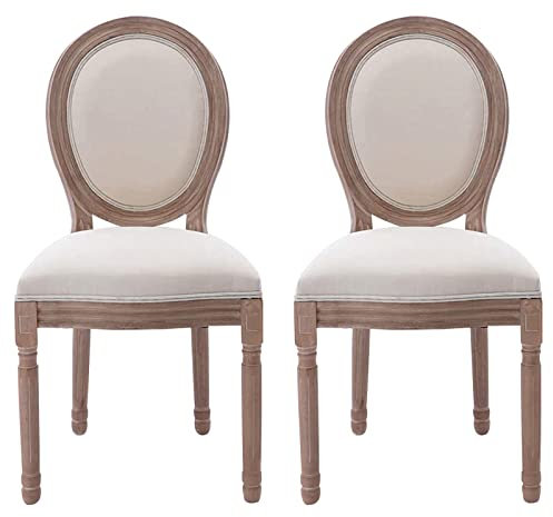 Esszimmerstühle im Vintage-Stil im Bauernhaus-Stil, 6er-Set, Esszimmerstühle aus Massivholz, beigefarbener Stoff, mit geschwungener Rückenlehne und wunderschön geschnitztem Massivholzrahmen für Küche