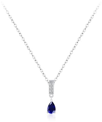 AMDXD Echt Goldschmuck Damen Kette Vintage Weißgold Au375, Damenkette Anhänger Tropfen mit Labor Erstellt Saphir Tropfenschliff Dunkelblau, Halsketten für Frauen mit Moissanit 9K, 40+5CM