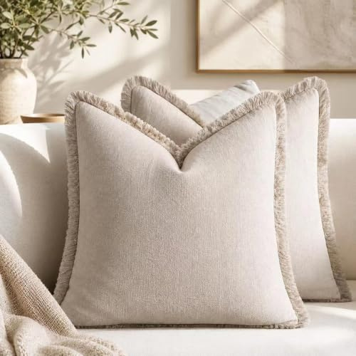 Sunshine smile 2er Set Leinen Kissenbezug mit Fransen,Boho-Kissenbezug mit Quaste 40x40 cm,Neutralen Baumwolle Quasten Kissenbezüge,Dekorative Kissenbezüge,für Sofa Sessel Zuhause Schlafzimmer