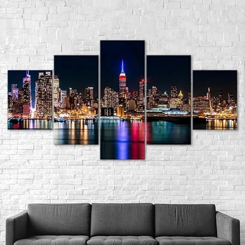 Kunstdrucke 5 Teilig Bilder Leinwand,leinwandbilder wohnzimmer dekoration,5 Teilig Wanddekoration New York City Skyline NYC Nachtansicht ,Bild Bilder auf Leinwand 5 teilig Poster,wandbild xxl 100x55cm
