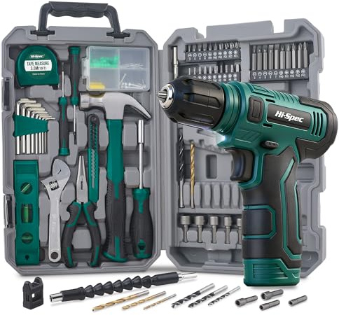 Hi-Spec Kit Herramientas Casa Color Verde, Caja Herramientas Multiusos con Taladro Atornillador Inalámbrico 8V Recargable, Maletín Portátil para Hogar