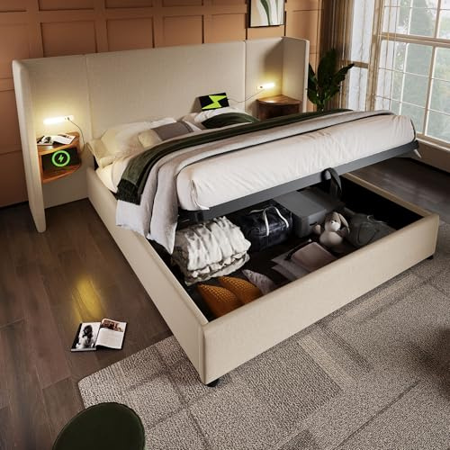 Gxffipw Polsterbett Doppelbett 180x200 cm mit Leselampe und USB-Type-C, Hydraulische Bett mit Stauraum und Nachttisch, Stauraumbett Bettgestell mit Lattenrost aus Holz, Leinen, Beige, Ohne Matratze