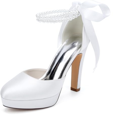 HFWXYSA Zapatos De Boda De Tacón De Plataforma para Mujer Correas Cruzadas Punta Cerrada Zapatos De Novia Perlas Correa En El Tobillo Sandalias De Tacón,Blanca,42 EU