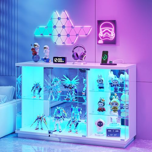 Vitrine mit LED Beleuchtung, Intelligente Sensorik für Wohnzimmer,Weiß | Vitrinenschrank mit Abschließbar Glastüren,Glasvitrine mit 3 Lagen Sammlervitrine für Schlafzimmer Büro,Studie