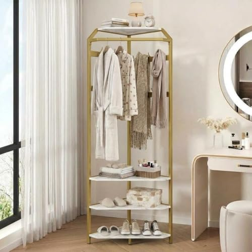 JOLLYTOP Garderobenregal, Eckgarderobe Mit 4 Ablagefächern, Kleiderständer | Mit 12 Haken,4-in-1-Garderobenständer, Kleiderstange Für Schlafzimmer, Wohnzimmer, Flur, Eingangsbereich