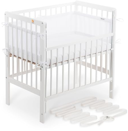 FabiMax Boxspring Baby Beistellbett Flex 90x55, TÜV geprüft, aus Buchenholz weiß lackiert, mit innovativem verstellbarem Seitengitter, passend für Boxspringbetten (Matratze Comfort, Weiß)