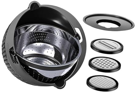 LeeQinersw Juego de Colador Y Tazón Cesta de Lavado Escurridor Giratorio Rallador Y Rebanador Multifuncional con 3 Accesorios para Limpiar Frutas Verduras Y, Negro, tal como se describe