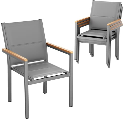 LIFERUN Gartenstuhl 4er Set, Aluminium, mit Gesteppte Rückenlehne & Sitzfläche, Stapelbarer Esszimmerstuhl, WPC Handlauf, Balkonstühle, für Terrasse, Balkon, Terrasse, Pool, Restaurants, Grau, 4 PCS