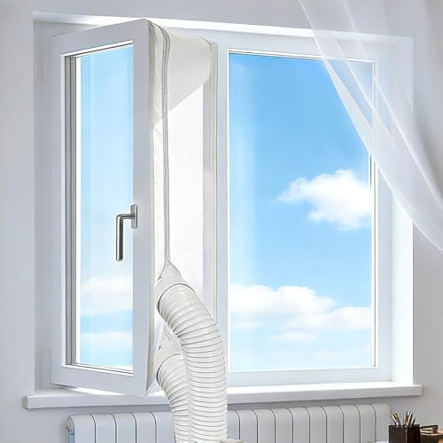 Agarte Air Conditioner Window Seal, 400cm Universal AC Window Kit, Hot Air Stop Air Exchange Guards with Zip and Adhesive Fastener for Portable Air Conditioner and Tumble Dryer, Easy to Install