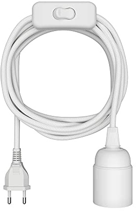 ledscom.de LEHA textilkabel med stickpropp och strömbrytare, vit, 3 m, E27 lamputtag, max. 60 W