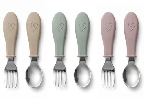 Broemba Couverts Bébé Inox 6 p Cuillère Fourchette Sans BPA Beige Vert/Rose | Couverts bébé avec 3 cuillères et 3 fourchettes. Acier inoxydable. Dès 6 mois. Lave-vaisselle.