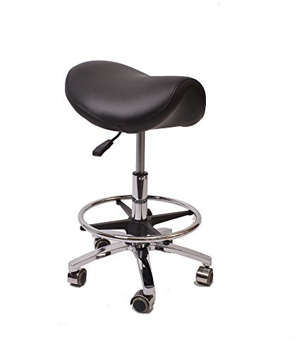 Promafit Sattelhocker/Sattelstuhl mit Gummirollen für alle Böden und Metallfuß - ergonomisch - stufenlos höhenverstellbar - viele Farben - 360° drehbar (Schwarz, Mit Fußring)