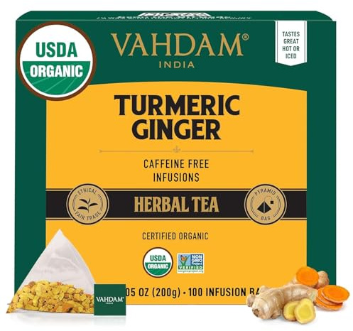 VAHDAM Organic Turmeric Ginger Herbal Tea Bags (100 Pyramid Tea Bags) Caffeine Free, Non GMO | 100% Pure Herbal Blend - Savory & Spicy, Plant-Based Teabags | Resealable Ziplock Pouch