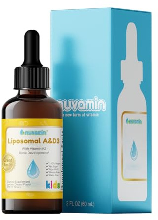 Nuvamin – Liquid Liposomal Vitamin A & D3 Drops with K2 for Baby Toddlers Kids & Adults, 800 IU/mL, 2 Fl.Oz (60ml), 120 Daily Serving, Great Taste - All Natural - Superior Absorption, Lemon Flavor