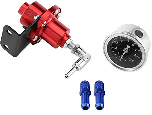 Terisass Regulador presion gasolina, Aleación de aluminio Vehículo para automóvil Regulador de presión de combustible FPR ajustable con medidor y kit de adaptador de montaje Universal(rojo)