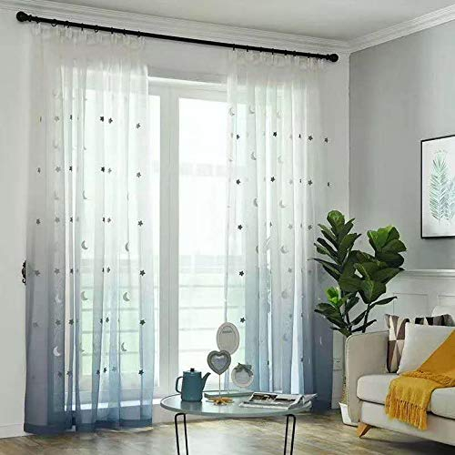 Lactraum Gardine Kinderzimmer Mädchen Junge Tranparent Bestickt Stern Mond Voile Gradient blau mit Kräuselband Sonderanfertigung