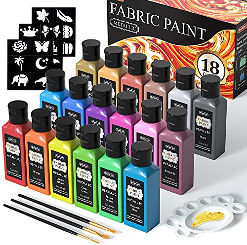Shuttle Art 18 Metallic Textilfarben waschmaschinenfest, waschfeste Stoffmalfarben in Flaschen, je 60 ml, mit Pinseln, Vorlagen, Stofffarben für Kinder auf T-Shirt, Schuhe, Jeans, Tasche, Kleidung