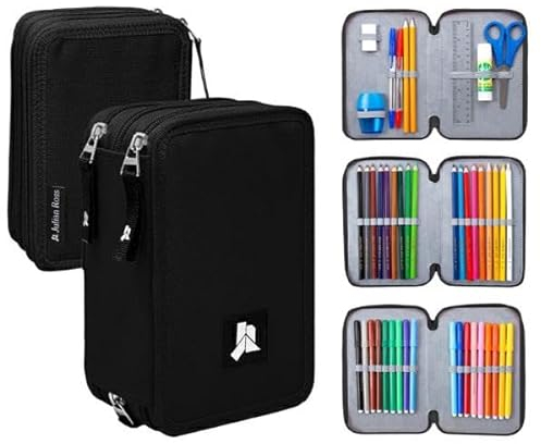 Julian Ross 3-Fach Federmäppchen – 45-teilig, komplett gefüllt – mit Schere, Kleber, Buntstiften & Filzstiften – Schwarz – ideal für die Schule & als Geschenk für Jungen und Mädchen