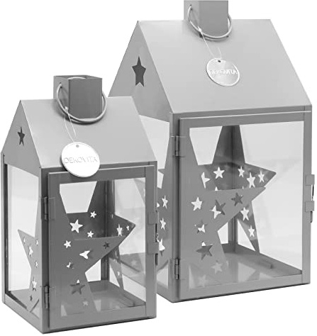 Dekovita 2x Metalllykta 30cm/38cm Stjärnor Ljushus - Trädgårdslykta med Glasfönster - Deco Lykta