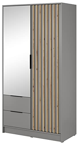 Furniture24 Kleiderschrank Nelly 2D Schrank mit Spiegel 2 Türiger 2 Schubladen Grau Drehtürenschrank