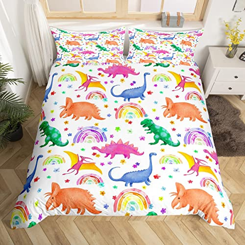 Erosebridal Kids Dinosaur Bed Sets Girls Rainbow Duvet Cover Colorful Flowers Bedding Set Queen Cute Cartoon Dino Comforter Cover Watercolor Animal Bed Cover Boys Room Decoratives