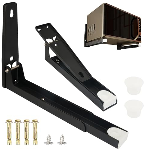 2 Piezas Soporte Microondas Pared, Soporte de Pared para Microondas, Estante Microondas Pared, Plegable Extensible Soporte para Horno de Microonda, Carga Máxima 35 kg para Microondas y Hornos (Negro)