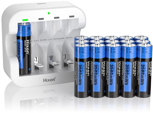 Hixon 1.5V Rechargeable AA Lithium Batteries,16-Pack 3500mWh Double A Li-ion Battery with Charger,1500Cycles,1.5V Constant Ooutput,Max 3A Discharge