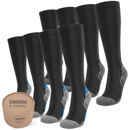SONORAN 4 Pairs Kompressionsstrümpfe Damen und Herren Klasse 2 Stützstrümpfe Kompressionssocken Compression Socks Kompression für Running, Reisen, Sport L/XL （Schwarz Grau&Blau）
