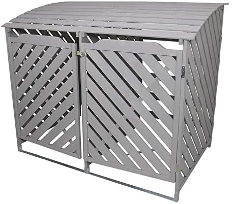 Double Wheelie Bin Storage Shed Store Hideaway Wooden Dustbin Trash Cupboard Outdoor Grey Wash Timber Cover Lockable Latched Chain Recycling Garden FREE Fixing Kit 122cm (H) x 149cm (W) x 92.5cm (D)