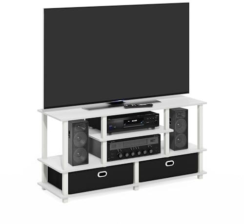 Furinno Jaya Großer TV-Ständer für bis zu 55-Zoll-Fernseher mit Ablagefach, Weiß/Weiß/Schwarz