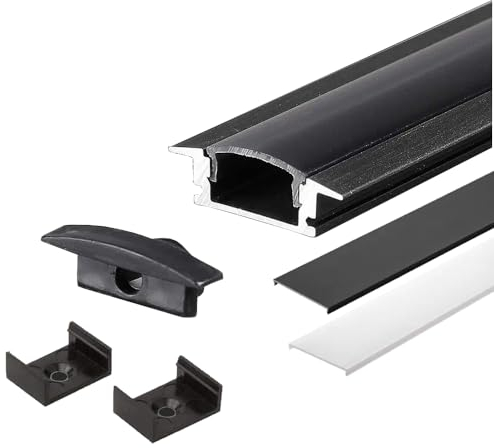 ENERGMiX Perfil de aluminio para LED de 2 m, color negro, riel en T, sistema de canal para tiras LED, incluye 2 cubiertas de perfil D-S