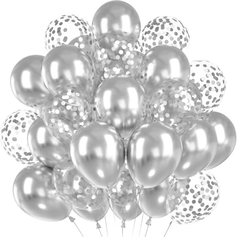 60 Stück Luftballons Metallic Silber, Helium Ballons Silberne Konfetti, Neujahr Silberhochzeit Latex Ballons, 12 Zoll Partyballon fur Silvester Hochzeit Geburtstag Valentinstag Jahrestag