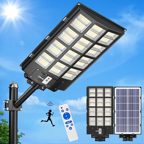 Ofuray Of-5600W Lampadaire Solaire Extérieur, 6500K Projecteur Solaire avec Detecteur de Mouvement, IP67 Étanche Lampe Solaire Exterieur Puissante avec Télécommande pour Jardin, Cour, Garage