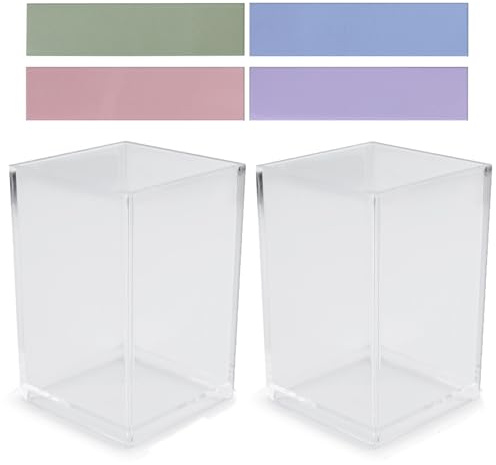 2 stycken akrylpennhållare, pennhållare skrivbord transparent pennmugg make-up penselhållare organisatör pennhållare för kontor skola hemma, med en uppsättning 4-färgade självhäftande lappar