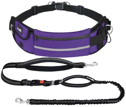 Pecute joggingkoppel hund med magbälte, löpbälte för stora och medelstora hundar, elastiskt koppel med midjeväska