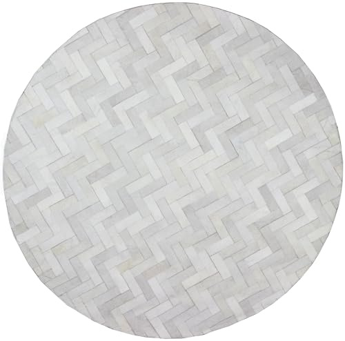 SN ALEFHOME Runder Geometrischer Kunst-Kuhfell Teppich – Handgefertigter Patchwork Teppich in Grau-Weiß für Wohnzimmer, Schlafzimmer & Büro, Größe 5x5 ft