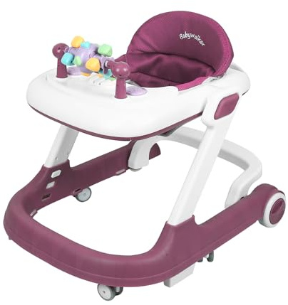 OHMG Girello Babywalker 5 in 1, carrello di risveglio e camminata, funzione ribaltabile, lettino con ruote, luce, musica, area di gioco, tavolo da pranzo, girello pieghevole (rosa rossa, 60 x 55 x 70