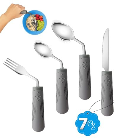 CuraVita - Juego de cubiertos adaptativos pesados de 200 g (4 piezas) - Cubertería en ángulo de 42° para temblores de mano - Cubiertos pesados para Parkinson, temblores y artritis (diestros)