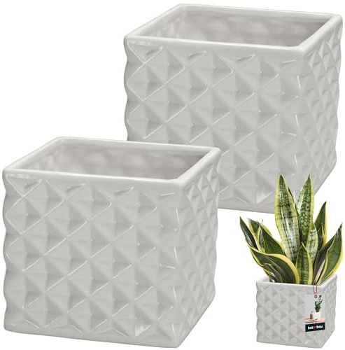 KOTARBAU® 2er Set Blumentopf Keramik glasiert Quadratisch Weiß 14 x 14 cm H 13 cm Übertöpfe für Zimmerpflanzen Orchideen & Sukkulenten Topf Pflanzen Töpfe Blumen Übertopf Blumentopf viereckig