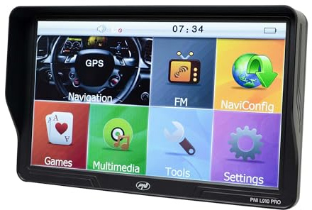 Sistema de navegación GPS PNI L910 Pro con Parasol, 9 Pulgadas, 800 MHz, 512 MB DDR, 16 GB de Memoria Interna, transmisor FM, Color Negro