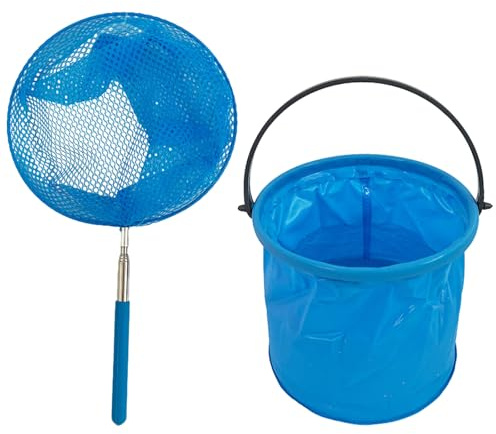 1 Pack Blue Fishing Net Set – Extendable Telescopic Butterfly Net & Foldable Crabbing Bucket for Outdoor Garden Beach Pond Activities for Small & Fish​ Bug Insect Catching