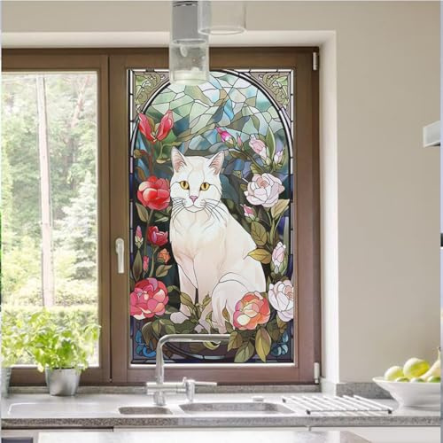 Vinilos para Cristales Blanca Gato Verde Vinilo Adhesivo Cristal Translucido Vinilo Opaco para Ventanas Anti Sol Window Film Anti Mirada Pegatina Cristal Privacidad Dormitorio 40x60cm/1 Pcs