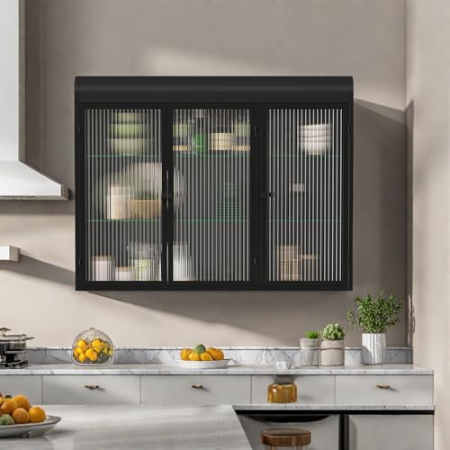 QMTXBYJ Hängeschrank Küchenschrank,90cm Wandschrank mit 3 Glastüren und Abnehmbaren Regalen,Badschrank Hängend,Hängend Aufbewahrungsschrank für Küche Bad,Badezimmer,Wohnzimmer,90x20x70cm